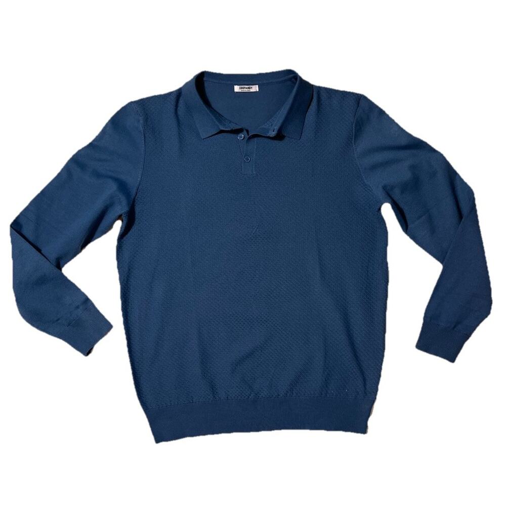 Men’s Blue Long Sleeve Collared Knit Polo Sweater Textured Front‎ Size Large